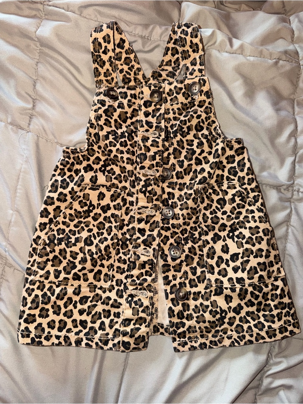 Leopard Print Kids Button-Front Pinafore Dress - Beige/Black
